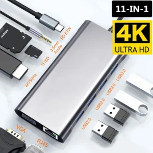 Concentrador de red USB tipo C 11 en 1, adaptador HDMI 4K con lector de tarjetas RJ45 SD/TF, estación de acoplamiento de carga rápida PD para ordenador portátil MacBook